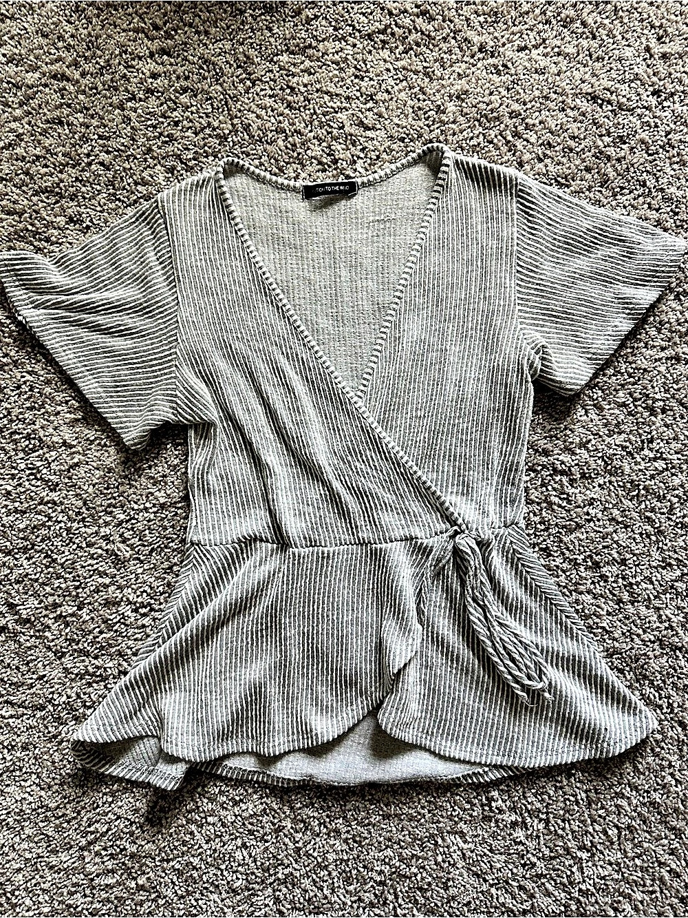 Cozy Wrap Top Gray White Stripe Peplum Stretch Feminine Caution To the Wind XS S